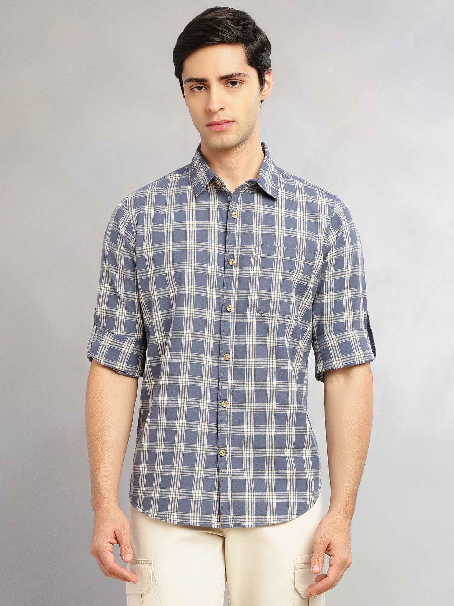 Thomas Scott Men Blue Slim Fit Tartan Checks Cotton Linen Casual Shirt-Cricket Club Collection, Roll-Up Sleeves & Spread Collar