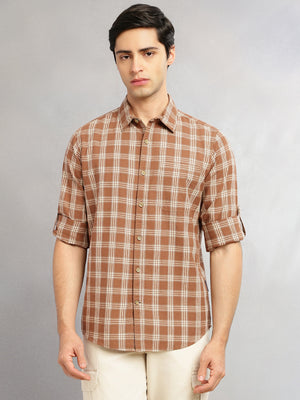 Thomas Scott Men Brown Slim Fit Tartan Checks Cotton Linen Casual Shirt-Cricket Club Collection, Roll-Up Sleeves & Spread Collar