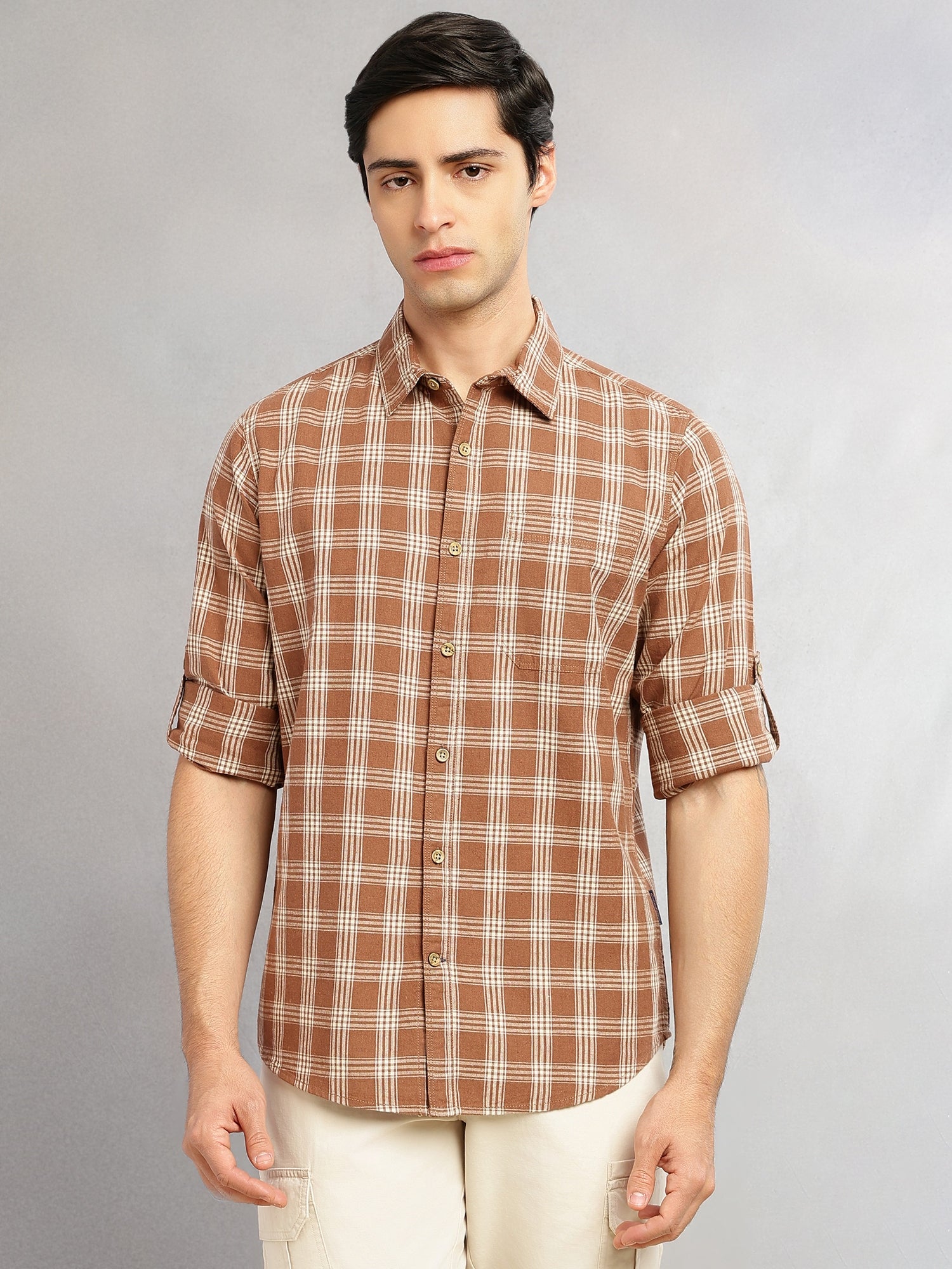 Thomas Scott Men Brown Slim Fit Tartan Checks Cotton Linen Casual Shirt-Cricket Club Collection, Roll-Up Sleeves & Spread Collar