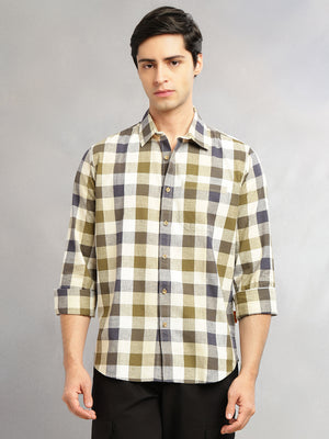 Thomas Scott Men Beige Cricket Club Collection Slim Fit Long Sleeves Shepherd Check Spread Collar Cotton Linen Casual Shirt