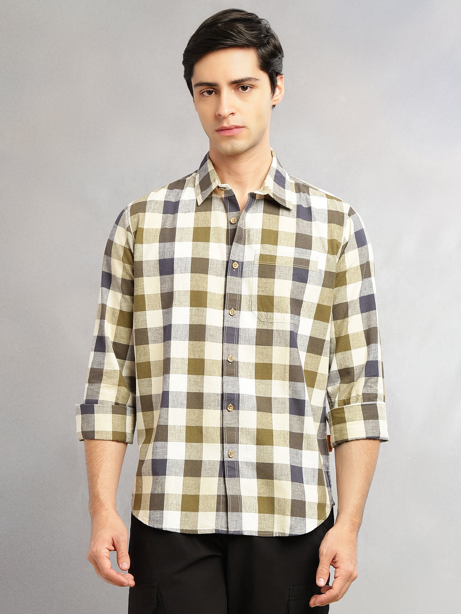 Thomas Scott Men Beige Cricket Club Collection Slim Fit Long Sleeves Shepherd Check Spread Collar Cotton Linen Casual Shirt