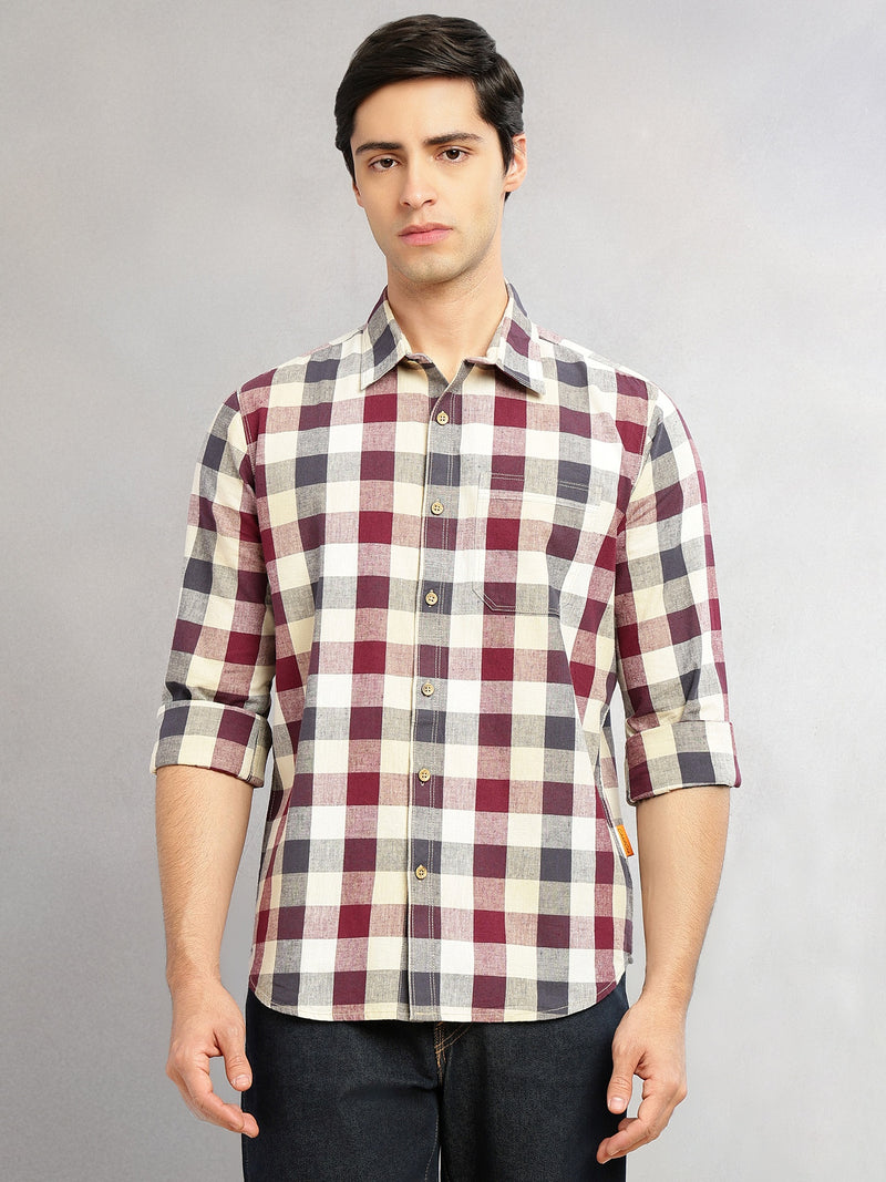 Thomas Scott Men Wine Cricket Club Collection Slim Fit Long Sleeves Shepherd Check Spread Collar Cotton Linen Casual Shirt