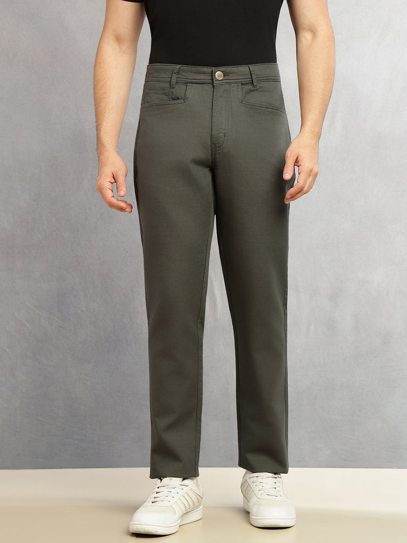 Thomas Scott Men Grey Smart Straight Fit Mid-Rise Solid 5-Pocket Design Woven Chinos Trouser