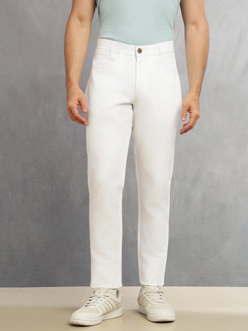 Thomas Scott Men White Smart Straight Fit Mid-Rise Solid 5-Pocket Design Woven Chinos Trouser
