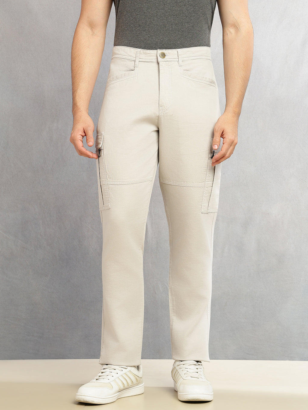 Thomas Scott Men Grey Regular Fit Mid-Rise Solid Woven Utility Cargo Trouser