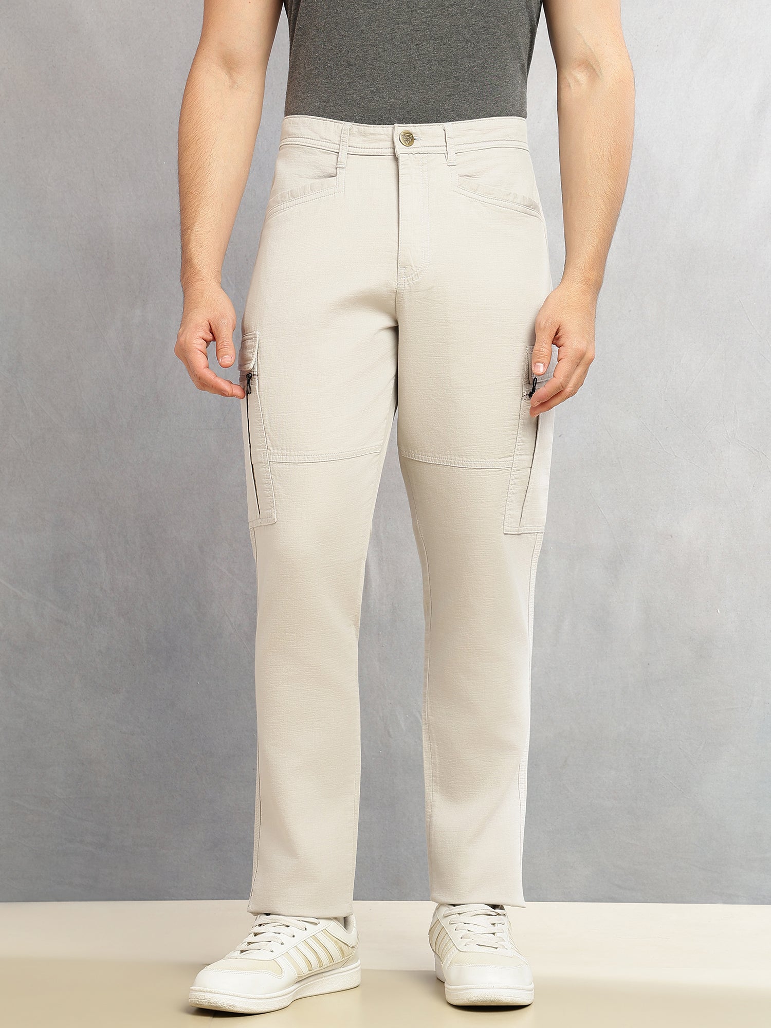 Thomas Scott Men Grey Regular Fit Mid-Rise Solid Woven Utility Cargo Trouser