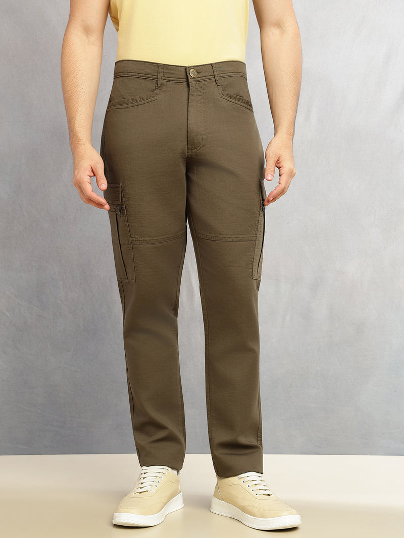 Thomas Scott Men Olive Regular Fit Mid-Rise Solid Woven Utility Cargo Trouser