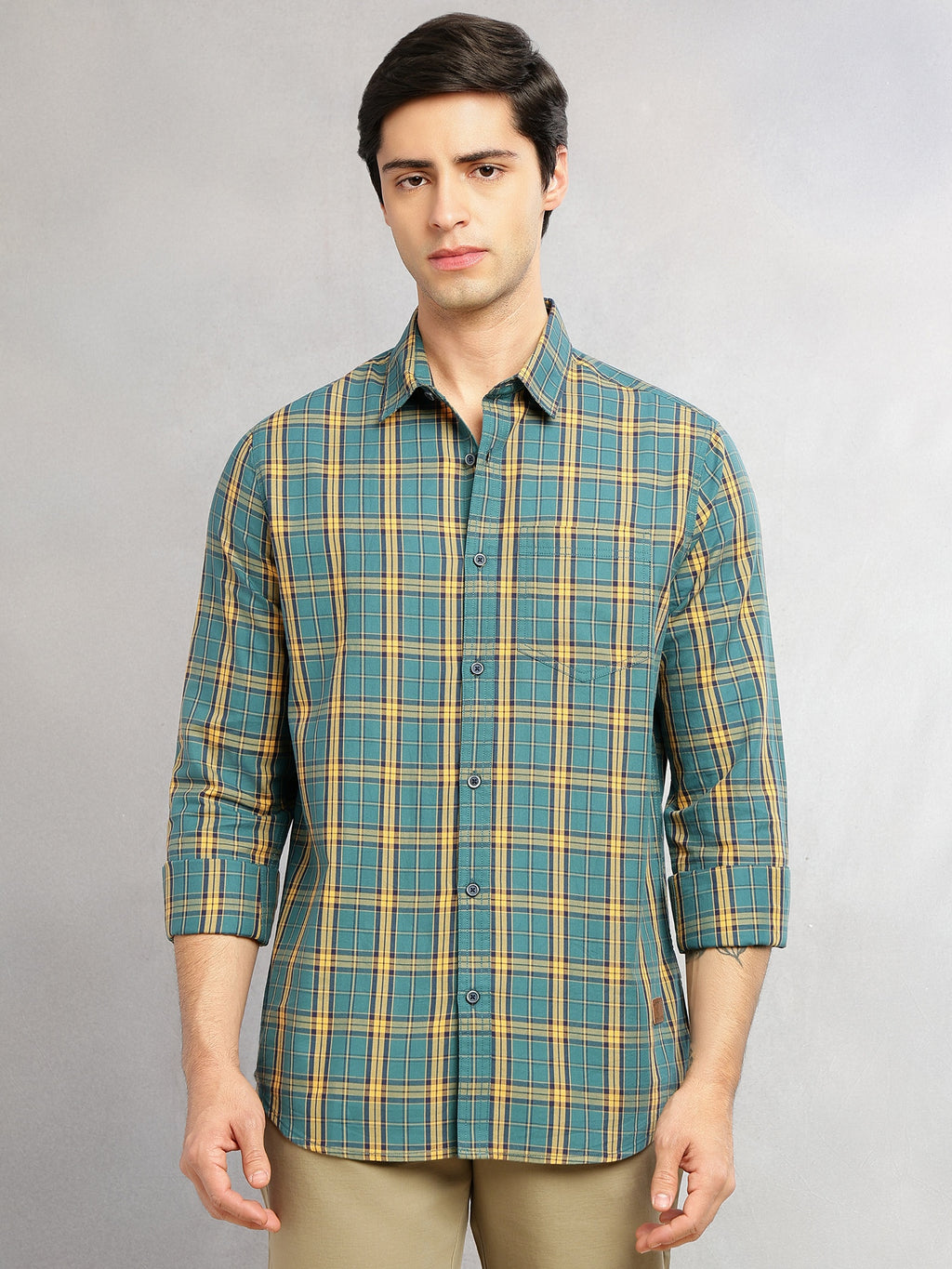 Thomas Scott Men Teal Slim Fit Tartan Checks Long Sleeves Spread Collar 100% Cotton Twill Casual Shirt