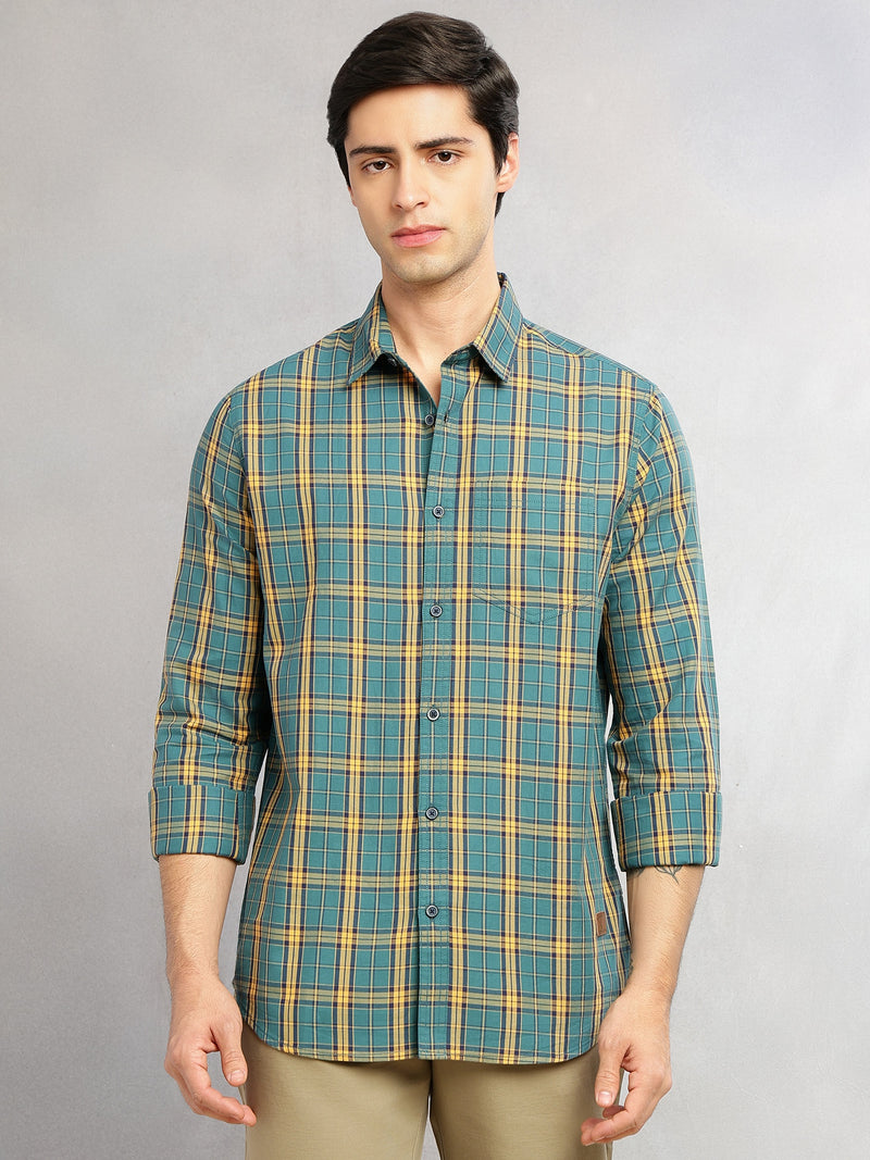 Thomas Scott Men Teal Slim Fit Tartan Checks Long Sleeves Spread Collar 100% Cotton Twill Casual Shirt