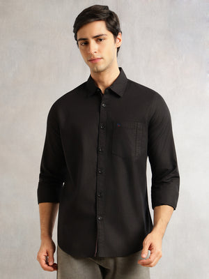 Thomas Scott Men Black Slim Fit Long Sleeves Solid Spread Collar 100% Cotton Twill Casual Shirt
