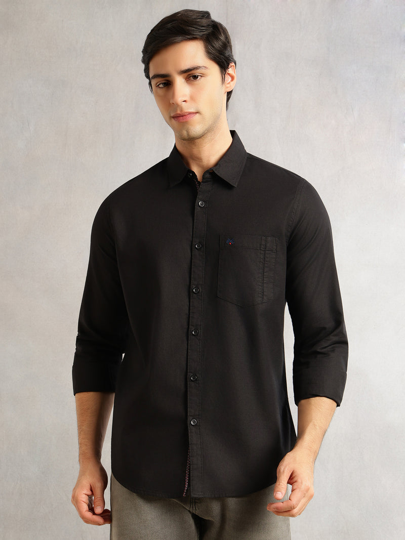 Thomas Scott Men Black Slim Fit Long Sleeves Solid Spread Collar 100% Cotton Twill Casual Shirt