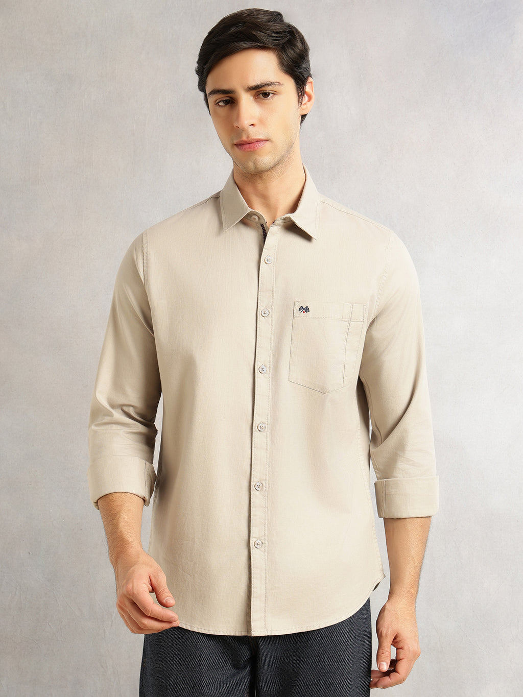 Thomas Scott Men Grey Slim Fit Long Sleeves Solid Spread Collar 100% Cotton Twill Casual Shirt