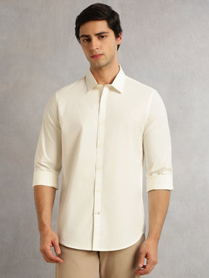 Thomas Scott Men Cream Premium Slim Fit Long Sleeves Spread Collar Solid Casual Shirt