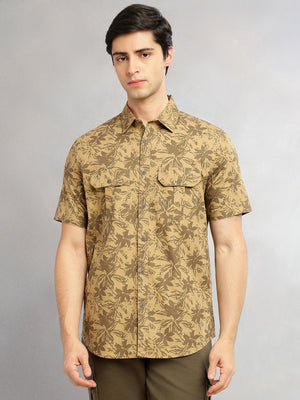 Thomas Scott Men Khaki Slim Fit Short Sleeves Floral Printed Two Flap Chest Pockets Pure Cotton Casual Shirt for Men