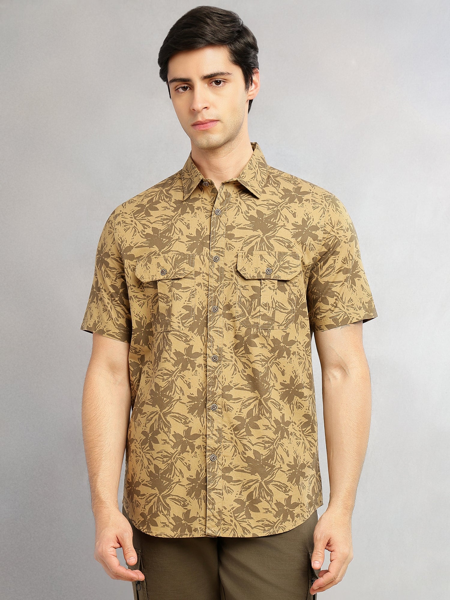 Thomas Scott Men Khaki Slim Fit Short Sleeves Floral Printed Two Flap Chest Pockets Pure Cotton Casual Shirt for Men