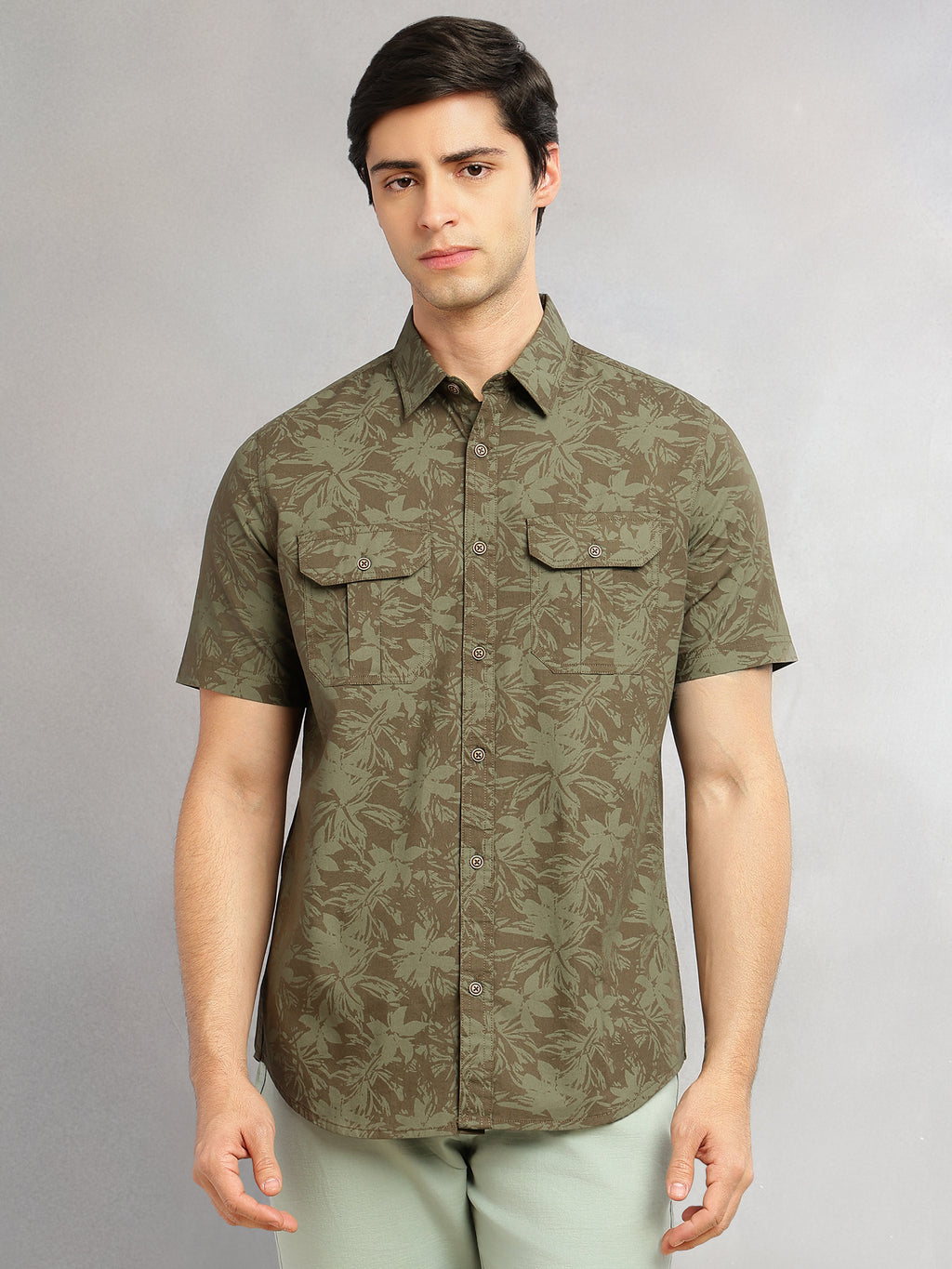 Thomas Scott Men Olive Slim Fit Short Sleeves Floral Printed Two Flap Chest Pockets Pure Cotton Casual Shirt for Men
