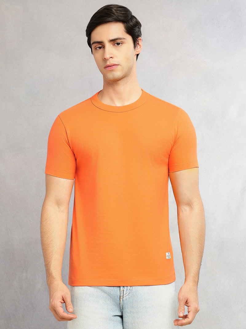 Thomas Scott Men Orange Cricket Club Collection Regular Fit Round Neck Short Sleeves Polycotton Solid Knitted T-shirt