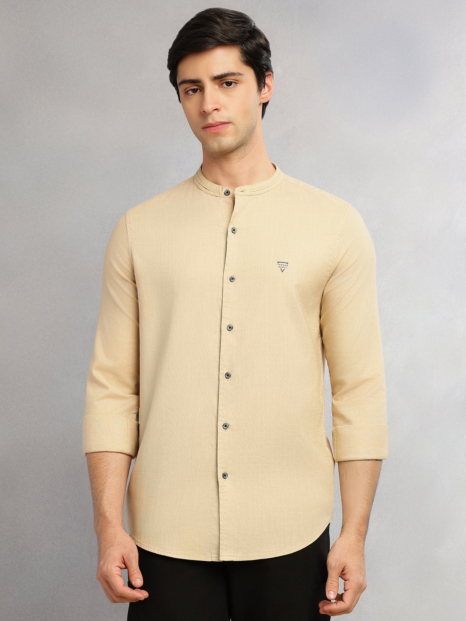 Thomas Scott Men Khaki Slim Fit Long Sleeves Solid Mandarin Collar Cotton Linen Casual Shirt