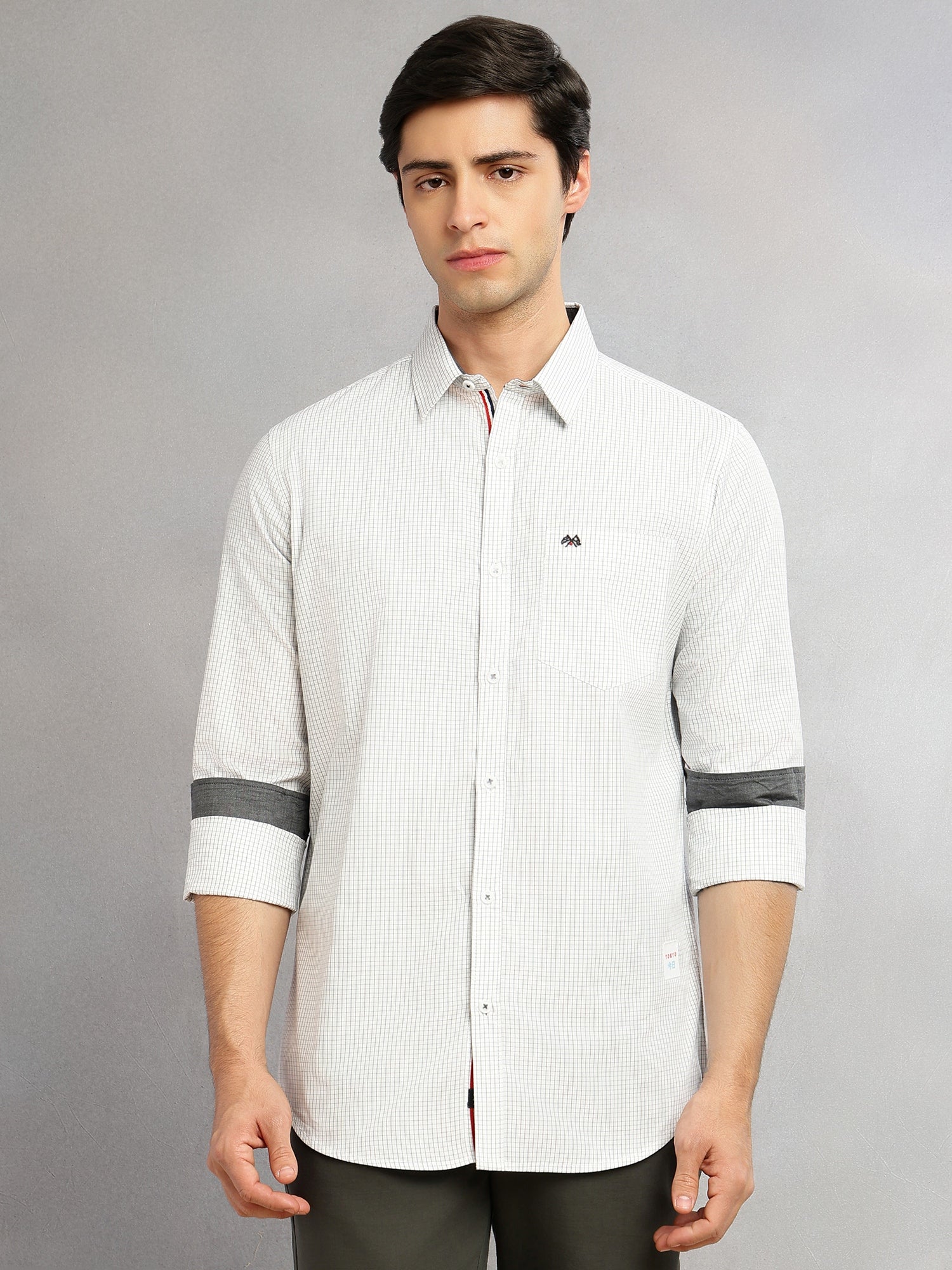 Thomas Scott Men White Regular Fit Long Sleeves Spread Collar Micro Checks 100% Cotton Casual Shirt
