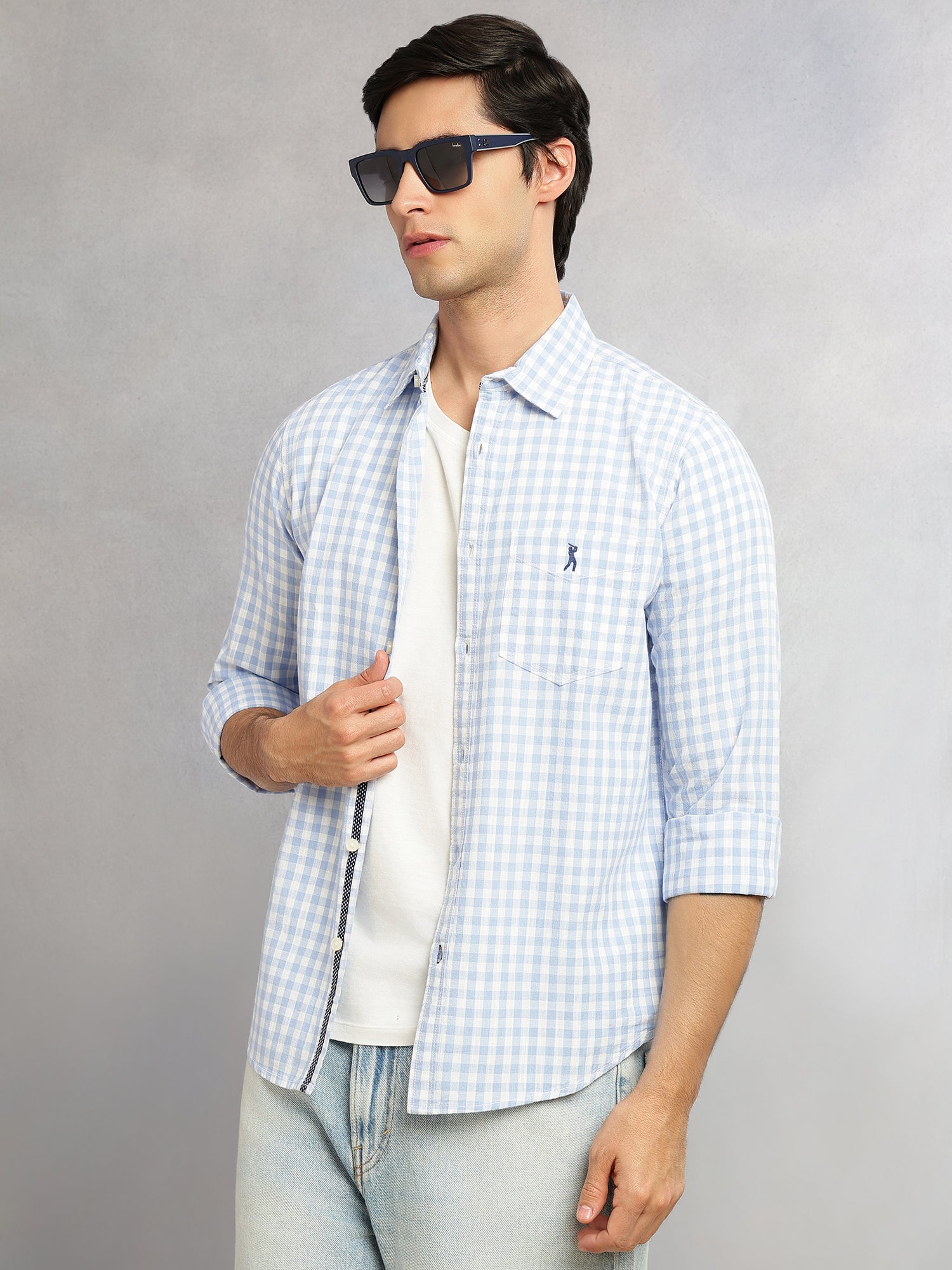 Thomas Scott Men Blue Cricket Club Collection Slim Fit 100% Cotton Oxford Shirt with Gingham Checks & Spread Collar