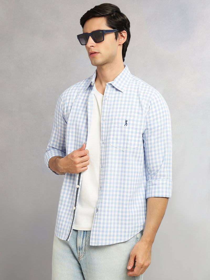 Thomas Scott Men Blue Cricket Club Collection Slim Fit 100% Cotton Oxford Shirt with Gingham Checks & Spread Collar