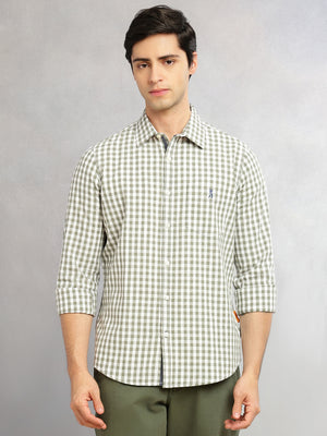 Thomas Scott Men Green Cricket Club Collection Slim Fit 100% Cotton Oxford Shirt with Gingham Checks & Spread Collar