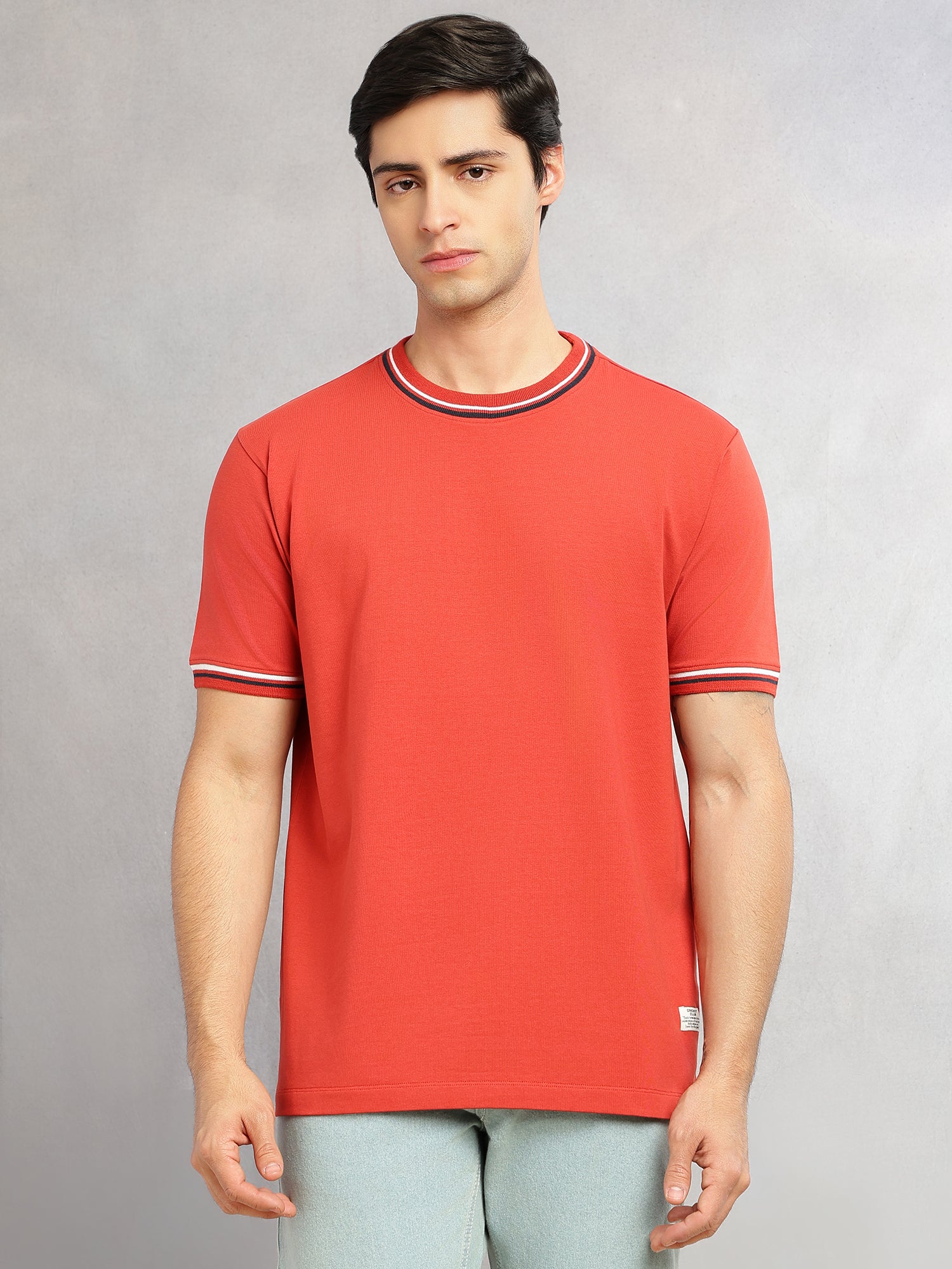 Thomas Scott Men Rust Cricket Club Collection Short Sleeves Regular Fit Round Neck Solid Knitted T-shirt