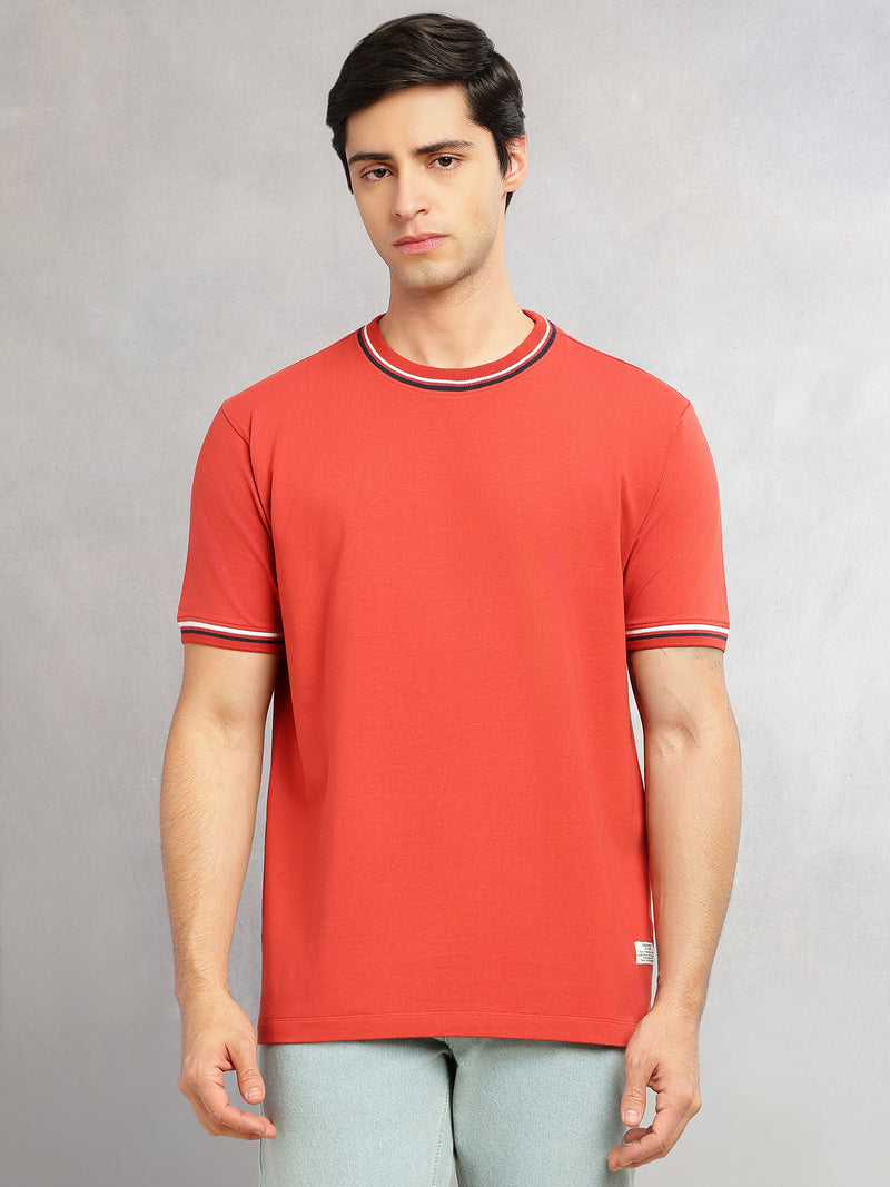 Thomas Scott Men Rust Cricket Club Collection Short Sleeves Regular Fit Round Neck Solid Knitted T-shirt