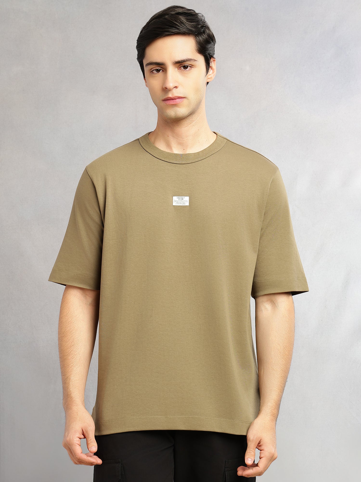 Thomas Scott Men Olive Cricket Club Collection Oversized Fit Round Neck Short Sleeves 100% Cotton Solid Knitted T-shirt