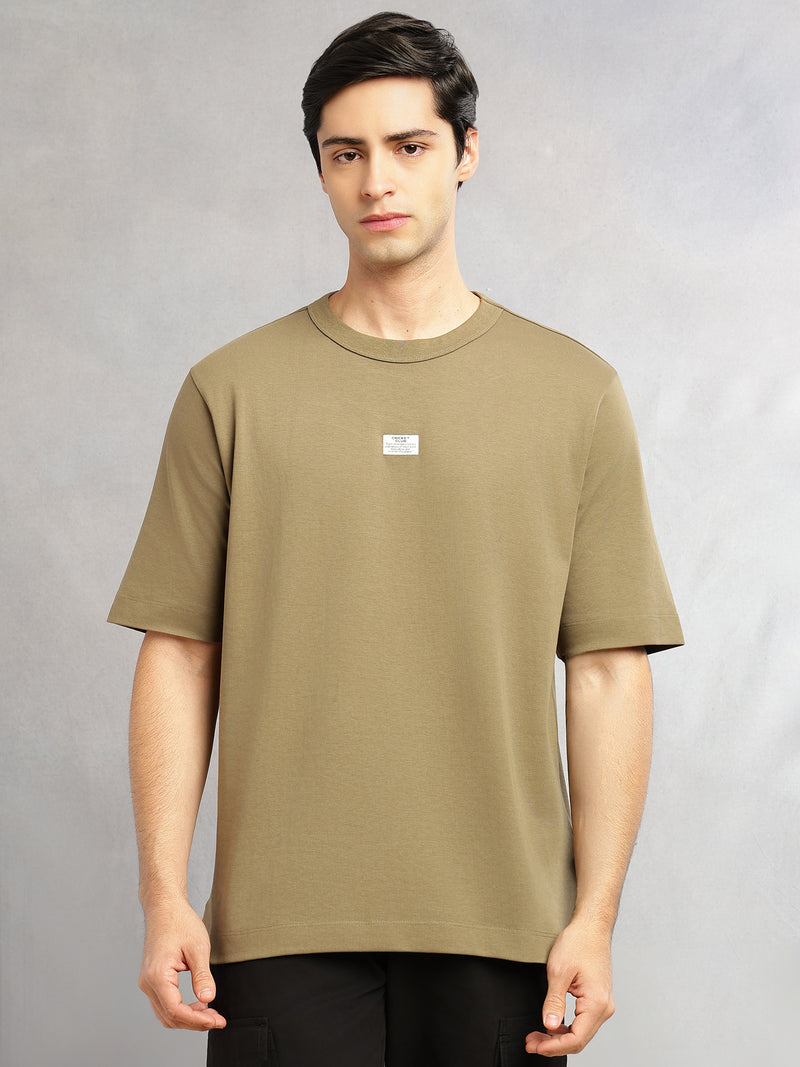 Thomas Scott Men Olive Cricket Club Collection Oversized Fit Round Neck Short Sleeves 100% Cotton Solid Knitted T-shirt