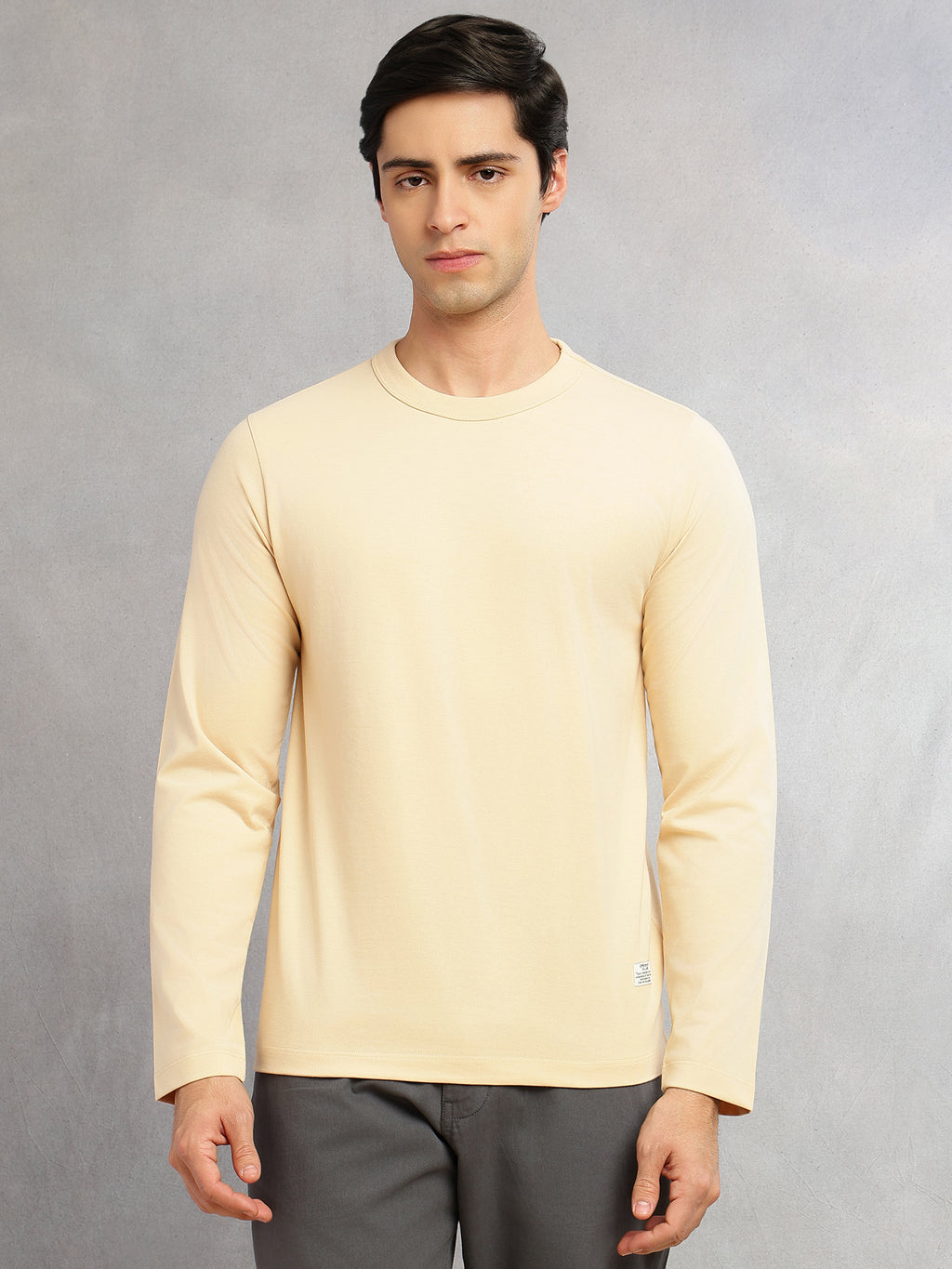 Thomas Scott Men Beige Cricket Club Collection Regular Fit Round Neck Long Sleeves Polycotton Solid Knitted T-shirt