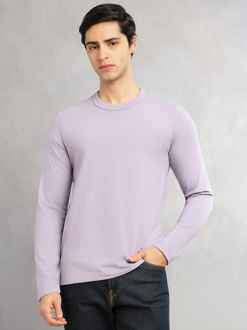 Thomas Scott Men Lavender Cricket Club Collection Regular Fit Round Neck Long Sleeves Polycotton Solid Knitted T-shirt