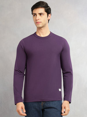 Thomas Scott Men Purple Cricket Club Collection Regular Fit Round Neck Long Sleeves Polycotton Solid Knitted T-shirt