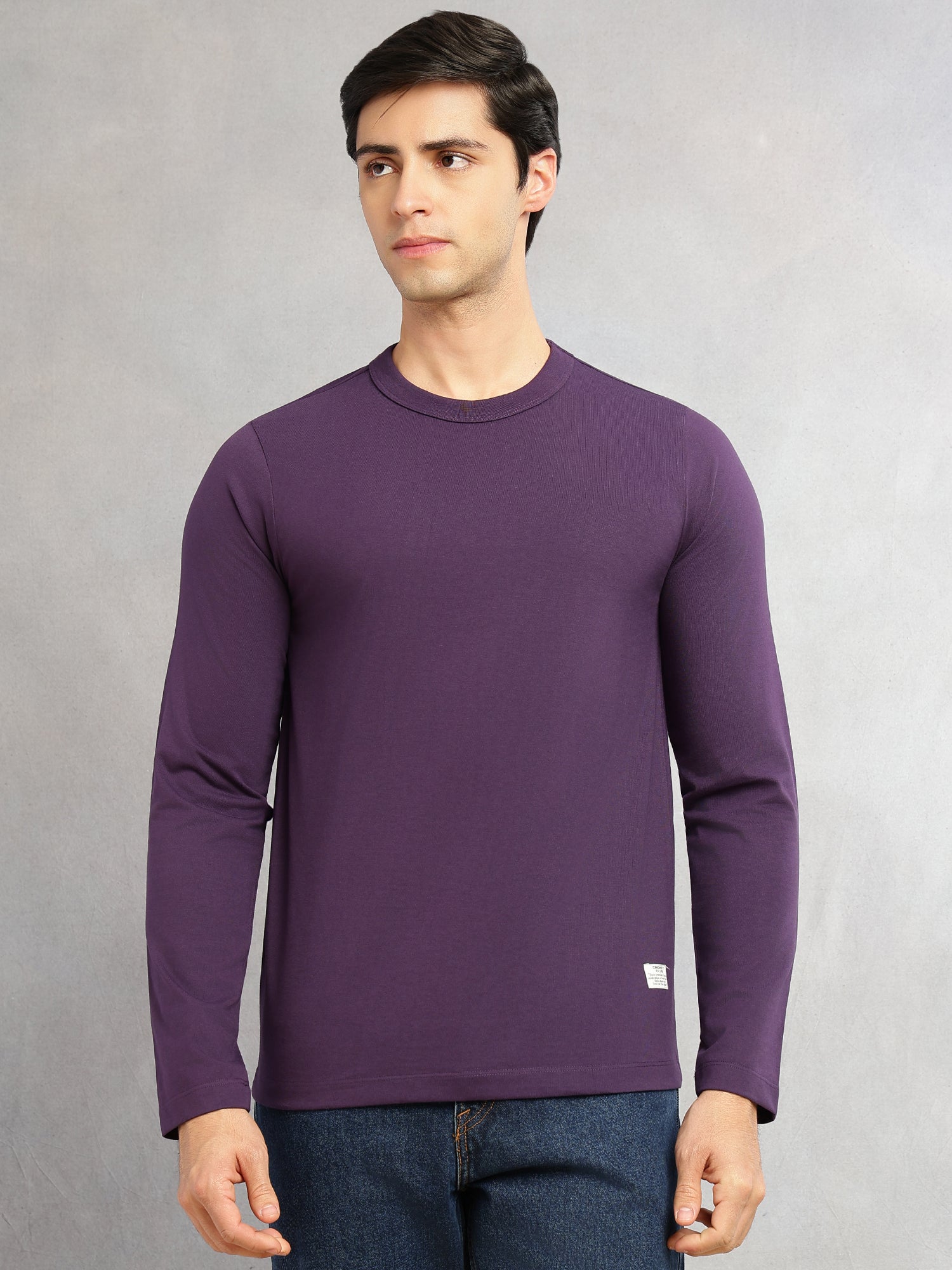 Thomas Scott Men Purple Cricket Club Collection Regular Fit Round Neck Long Sleeves Polycotton Solid Knitted T-shirt