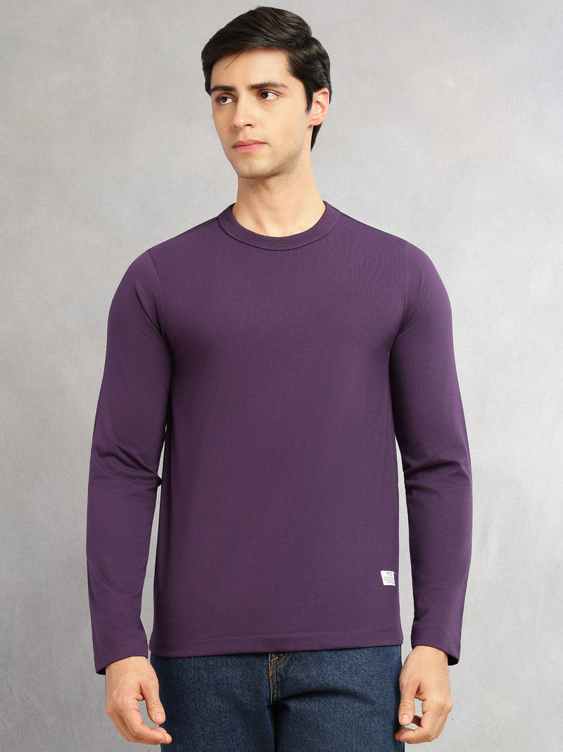 Thomas Scott Men Purple Cricket Club Collection Regular Fit Round Neck Long Sleeves Polycotton Solid Knitted T-shirt
