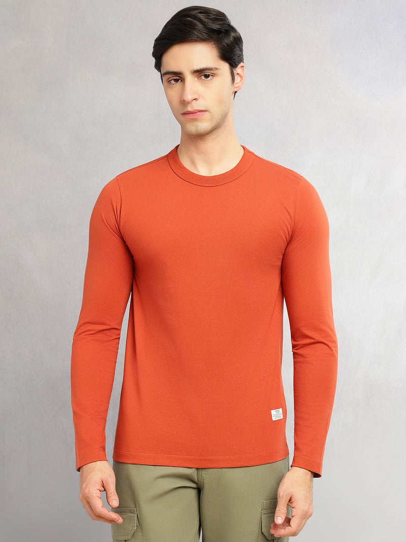 Thomas Scott Men Rust Cricket Club Collection Regular Fit Round Neck Long Sleeves Polycotton Solid Knitted T-shirt
