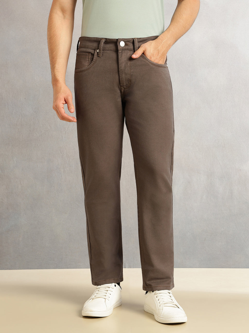 Thomas Scott Men Dark Olive Cricket Club Collection Straight Fit Mid-Rise Medium Shade Stretchable Jeans-Clean Look, 5 Pocket Design