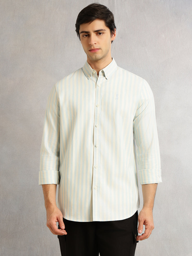 Thomas Scott Men Light Blue Cricket Club Collection Slim Fit Vertical Stripe Cotton Casual Shirt-Button Down Collar, Full Sleeves