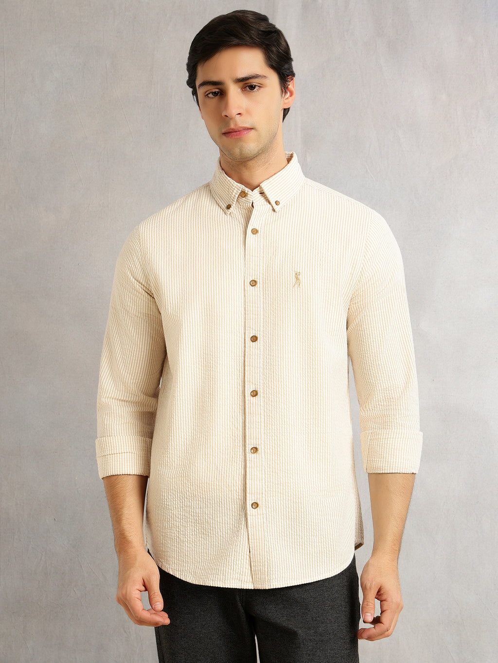 Thomas Scott Men Beige Cricket Club Collection Slim Fit Long Sleeves Button Down Collar SeerSucker Shirt
