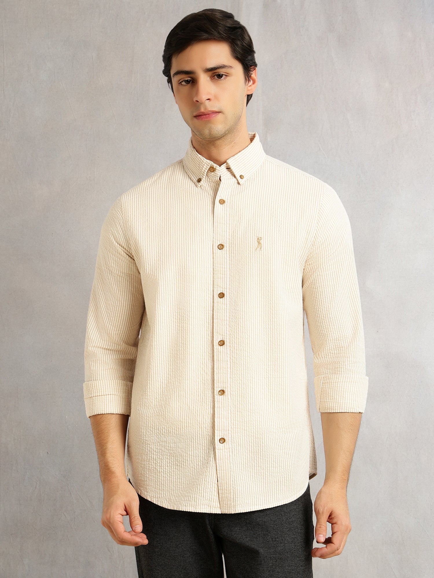 Thomas Scott Men Beige Cricket Club Collection Slim Fit Long Sleeves Button Down Collar SeerSucker Shirt
