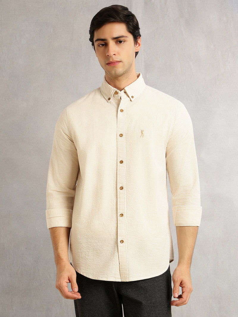 Thomas Scott Men Beige Cricket Club Collection Slim Fit Long Sleeves Button Down Collar SeerSucker Shirt