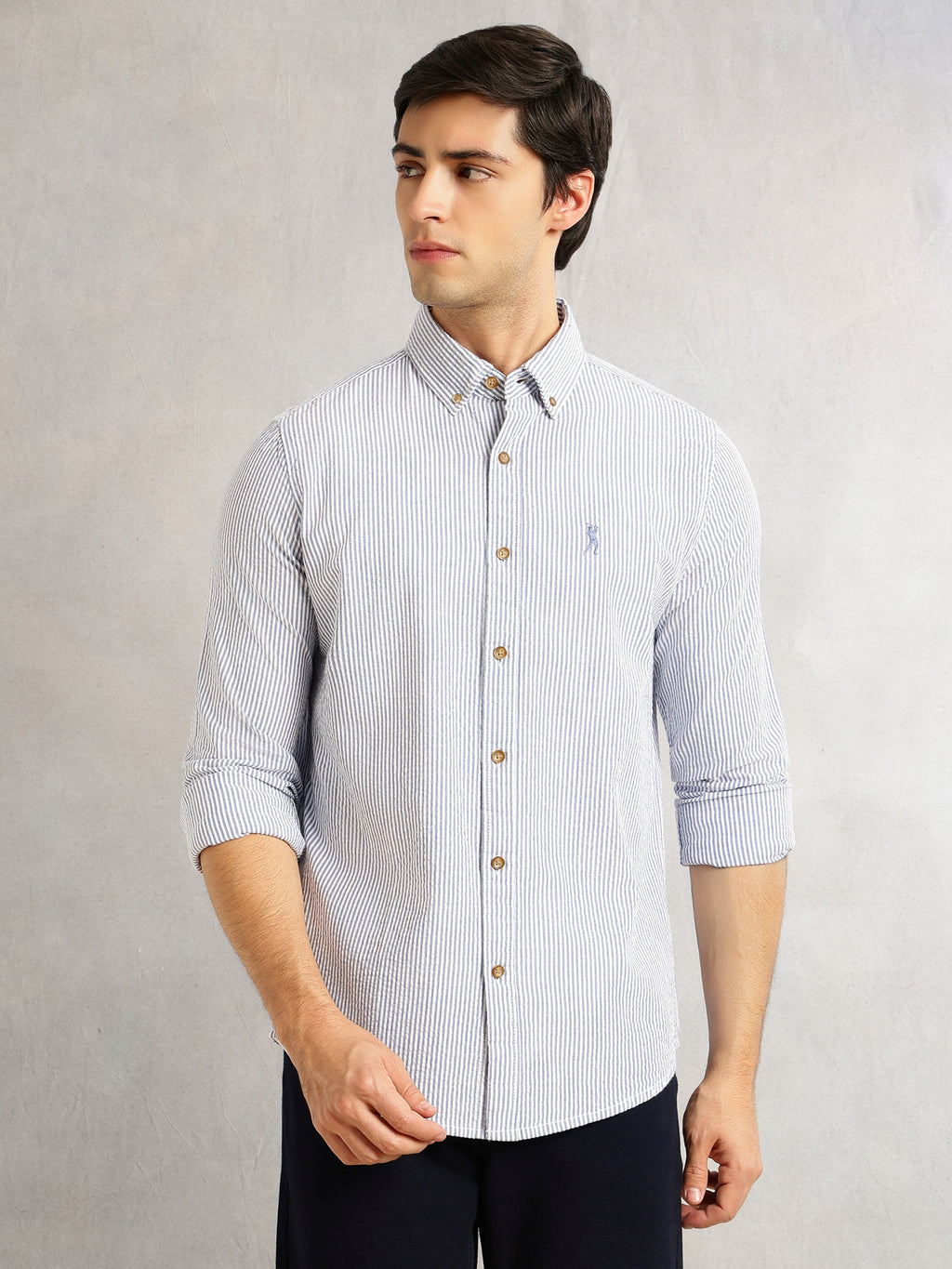 Thomas Scott Men Navy Cricket Club Collection Slim Fit Long Sleeves Button Down Collar SeerSucker Shirt