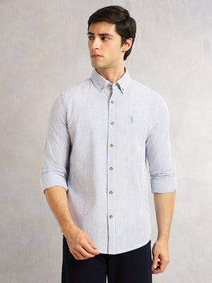 Thomas Scott Men Navy Cricket Club Collection Slim Fit Long Sleeves Button Down Collar SeerSucker Shirt