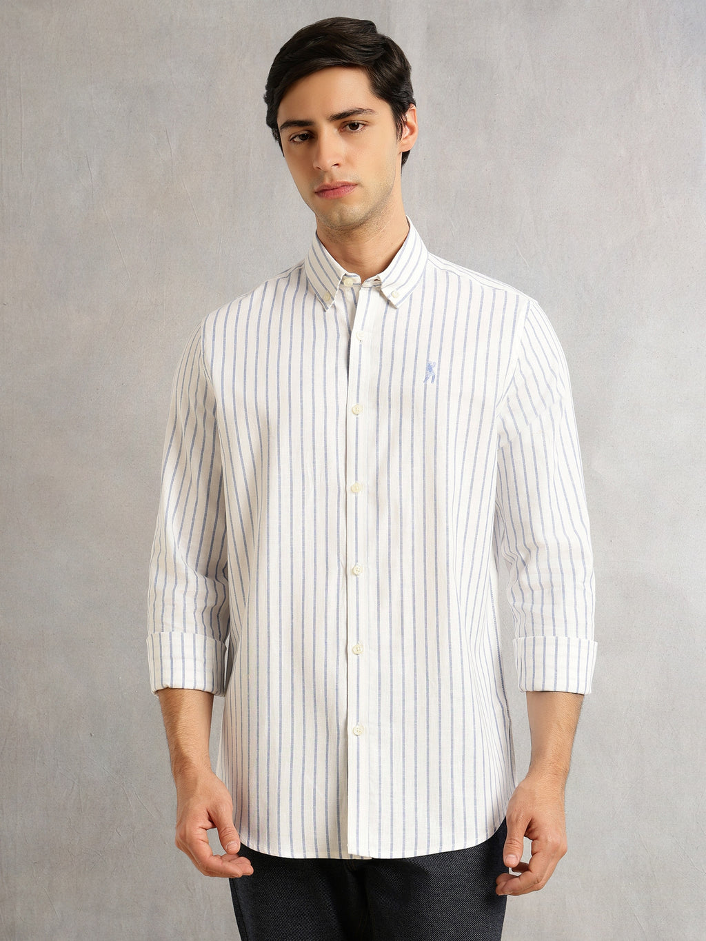 Thomas Scott Men Blue Cricket Club Collection Slim Fit Long Sleeves Button Down Collar Cotton Linen Oxford Shirt