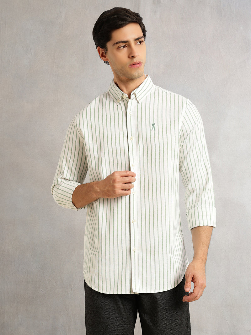 Thomas Scott Men Green Cricket Club Collection Slim Fit Long Sleeves Button Down Collar Cotton Linen Oxford Shirt