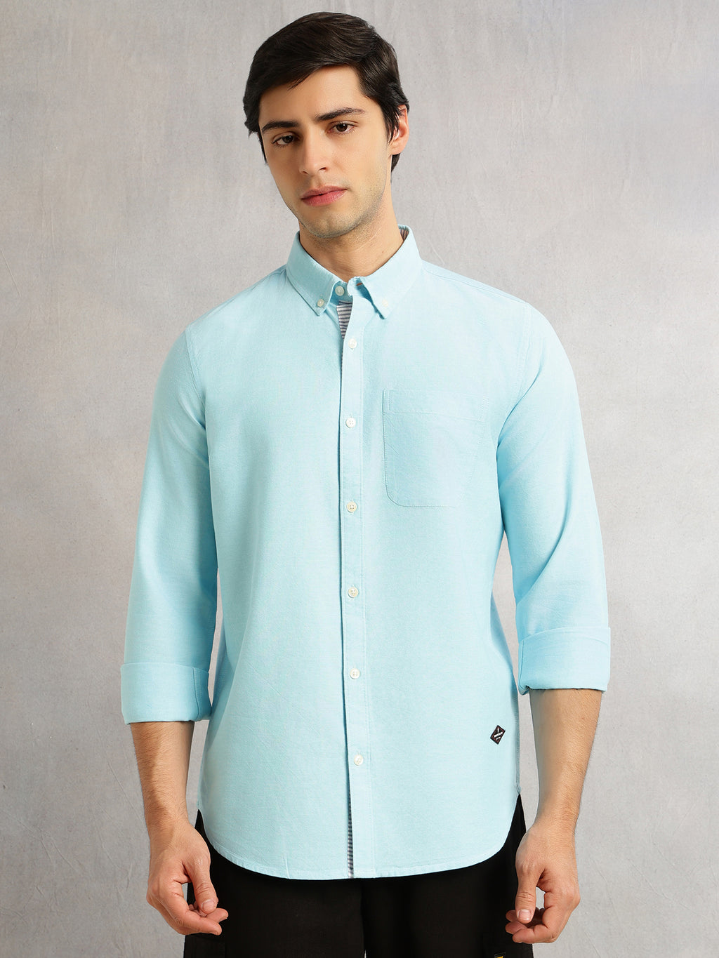 Thomas Scott Men Aqua Slim Fit Long Sleeves Button-Down Collar Solid 100% Cotton Oxford Casual Shirt