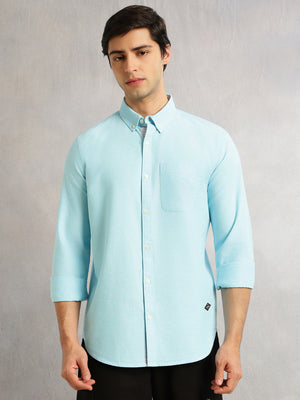 Aqua Slim Fit Long Sleeves Button-Down Collar Solid 100% Cotton Oxford Casual Shirt For Men