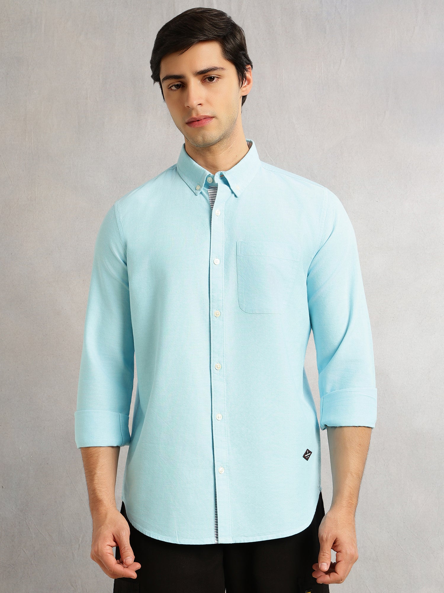 Thomas Scott Men Aqua Slim Fit Long Sleeves Button-Down Collar Solid 100% Cotton Oxford Casual Shirt