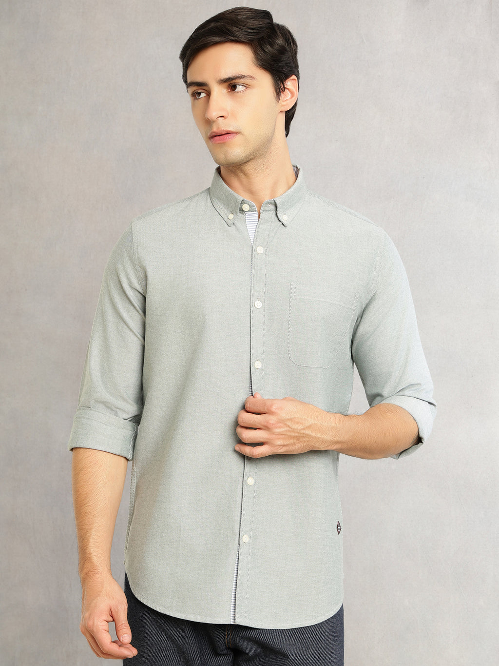 Thomas Scott Men Bottle Green Slim Fit Long Sleeves Button-Down Collar Solid 100% Cotton Oxford Casual Shirt