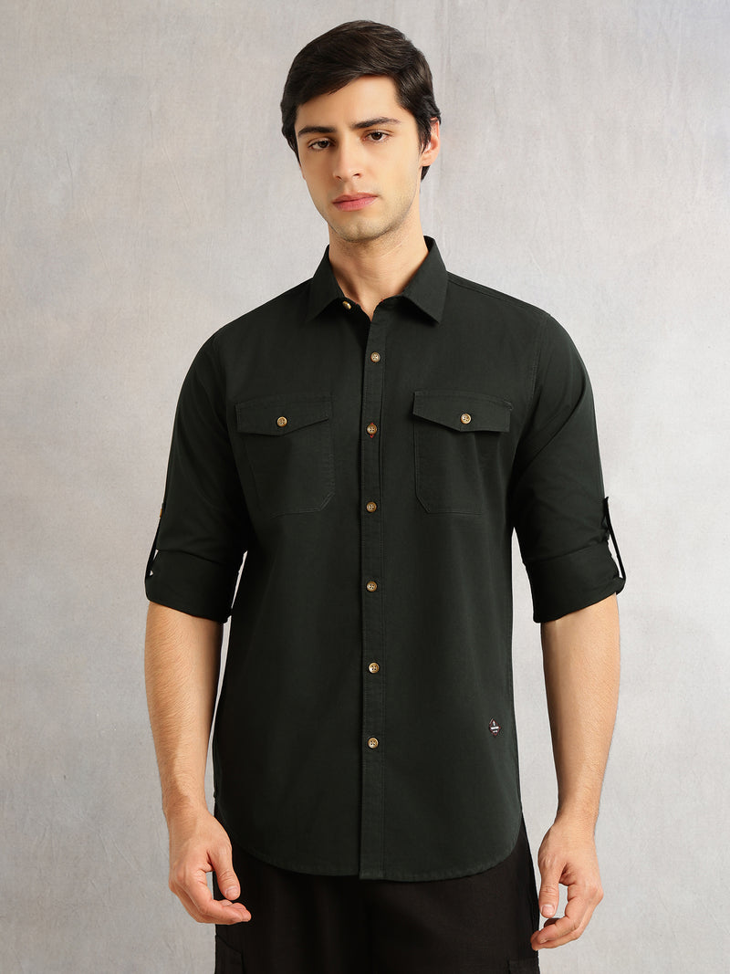 Thomas Scott Men Bottle Green1 Regular Fit Long Roll-Up Sleeves Spread Collar Solid 100% Cotton Casual Shirt
